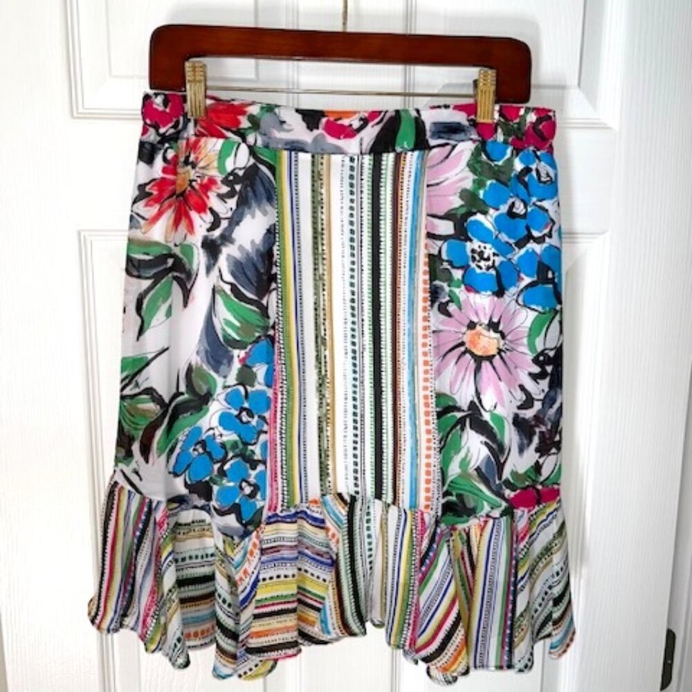 MELISSA PAIGE | Pull-On Floral & Stripe Ruffled Skirt Size Petite Medium